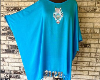 Plus Size Owl Embroidered Rayon Tunic