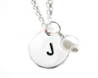 Initial Necklace, Personalized Hand Stamped Charm Pendant, with Pearl or Crystal, gift birthday wedding birthday