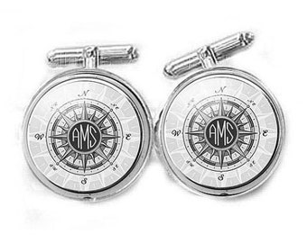 Compass Monogram Cufflinks, Black White Personalized Wedding Cufflink, gift for men, Men Jewelry