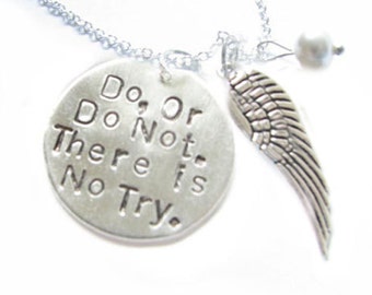 Angel Wing Necklace, Do or Do Not Pendant Hand Stamped Necklace, Personalized gift, birthday