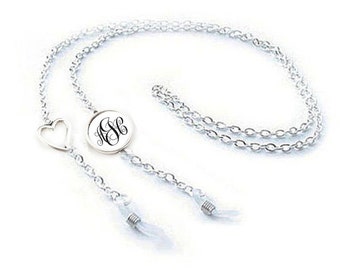 Heart & Monogram Eyeglass Chain, Personalized Silver Eyeglass lanyard, reading glasses chain - eyeglasses cord, Gift, Jewelry