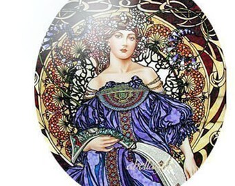 Blau Alphonse Mucha Unbesetzt Porzellan Cameo Cabochon 40x30mm Handarbeit