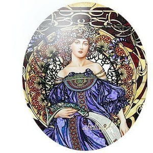 Blue Alphonse Mucha Unset Porcelain Cameo Cabochon 40x30mm Handmade