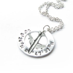 Airplane Latitude Longitude Necklace, Hand Stamped Personalized Jewelry, Washer Engraved Jet Captain Pilot Pendant