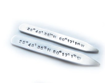 Latitude Longitude Collar Stays, Personalized Hand Stamped Shirt Stiffener Stay, Hand Stamped Collar Stays, Gift for Men Dad Wedding