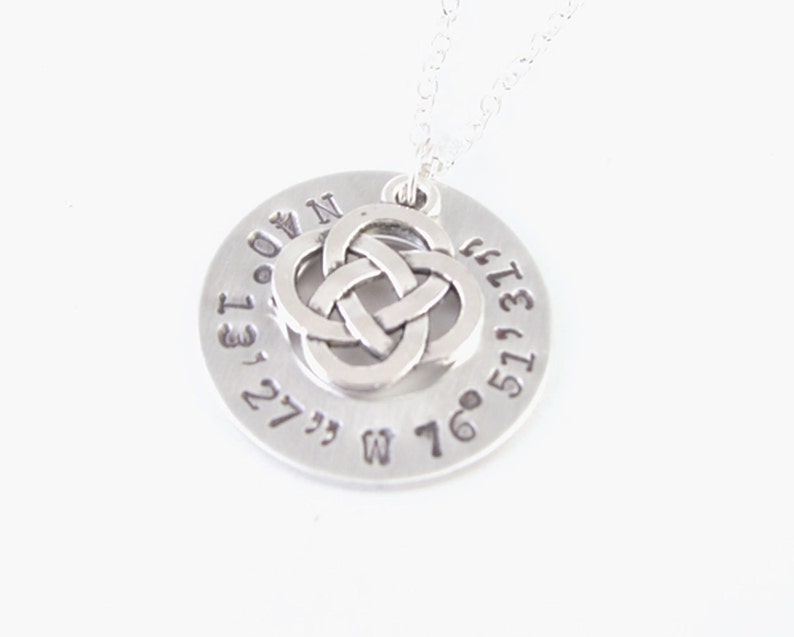 Celtic Pagan Longitude Latitude Washer Necklace, Personalized Hand Stamped Necklace, gift birthday wedding brass or sterling silver jewelry image 1