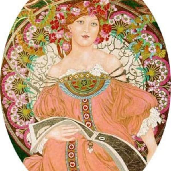 Cabochon camée rouge en porcelaine non sertie Alphonse Mucha 40 x 30 mm