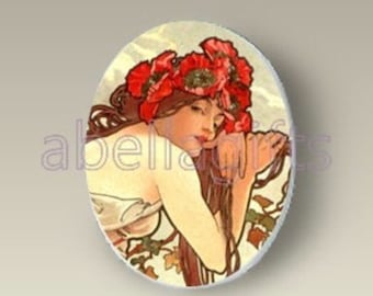 Red Poppy Alphonse Mucha Unset Porcelain 40x30mm Handmade Cabochon