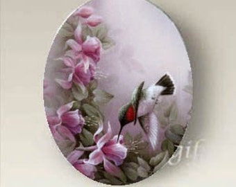 Hummingbird Porcelain Cabochon Flowers Unset Cameo 40x30mm Handmade finding supply