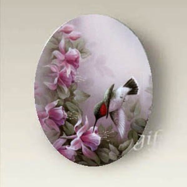 Cabochon en porcelaine Colibri fleurs non serties camée 40 x 30 mm Fournitures faites main