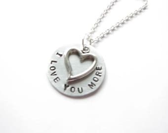 Love You Heart Necklace, Personalized Hand Stamped Necklace, I love you more, gift for wedding,  Gift, Jewelry