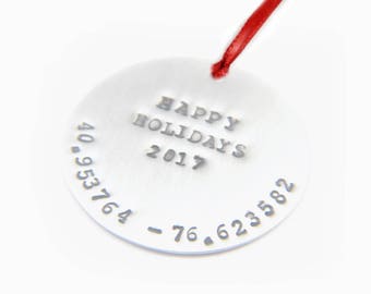 Christmas Ornament, Personalize Hand Stamped Holiday Christmas Ornament, Longitude Latitude Ornament, Tree Ornament, Holidays gifts