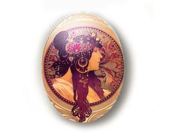 Gypsy Alphonse Mucha Unset Porcelain Cameo Cabochon 40x30mm Handmade