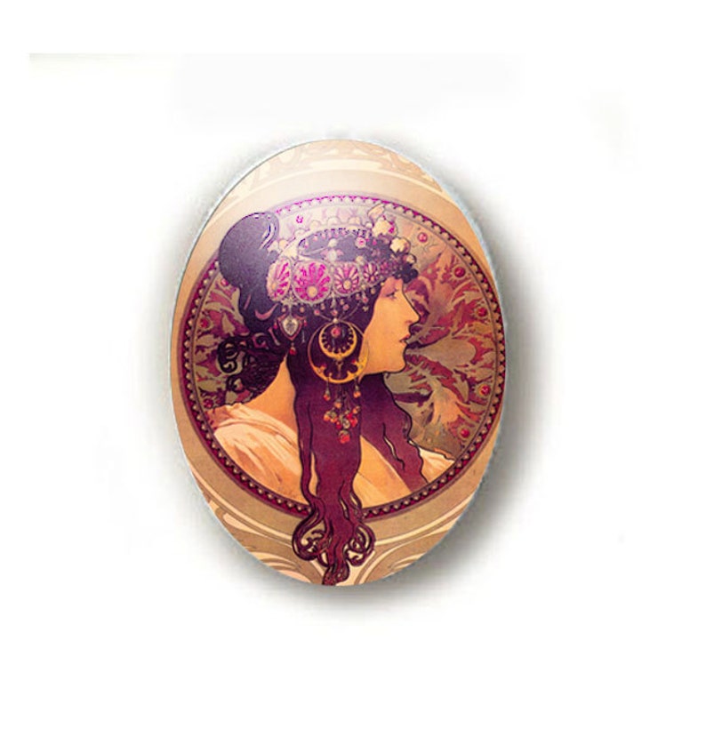 Gypsy Alphonse Mucha Unset Porcelain Cameo Cabochon 40x30mm Handmade image 1