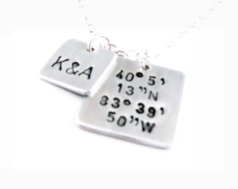 Longitude Latitude Initials Necklace, Hand Stamped Square Personalized Necklace, GPS Pendant, Travel Coordinates gift