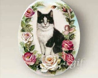 Black White Cat Roses Porcelain Cabochon cameo Jewelry finding supply Handmade Cabochon
