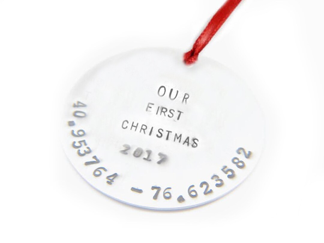 First Christmas Longitude Latitude Ornament, Personalize Hand Stamped ...