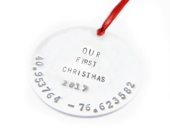 First Christmas Longitude Latitude Ornament, Personalize Hand Stamped Holiday Ornament, Baby gifts