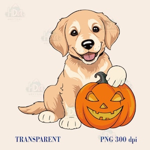 Halloween Golden Retriever Welpe mit einem Kürbis PNG, T-Shirt-Sublimation, goldener PNG, Hundeliebhaber png, Welpen Clipart, Kinderzimmer
