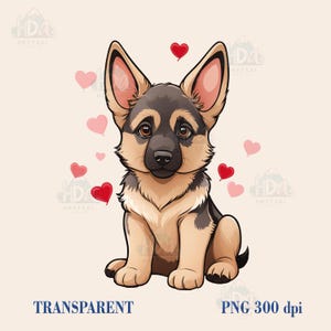 Cachorro de pastor alemán con corazones, regalo perfecto para amantes de los perros, impresión artística PNG del día de San Valentín, sublimación linda, clipart de cachorro