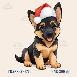 Impresión artística de cachorro de pastor alemán navideño con gorro de Papá Noel: decoración navideña para amantes de los perros, impresión PNG, sublimación adorable, clipart de cachorro