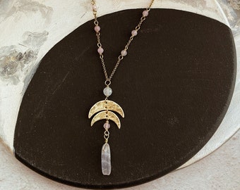 Double crescent moon necklace, brass and rose quartz, moon amulet