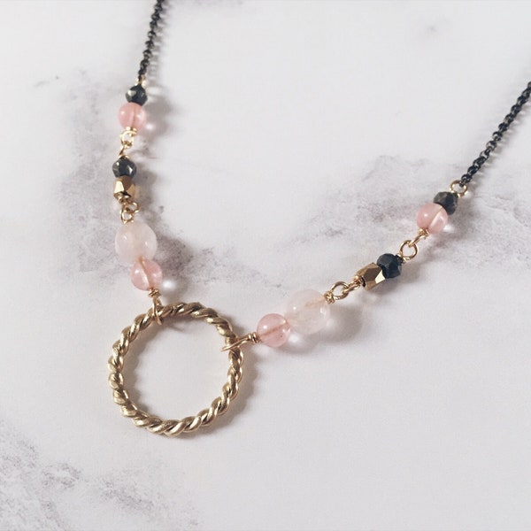 New moon necklace twisted circle necklace brass & pink image 1