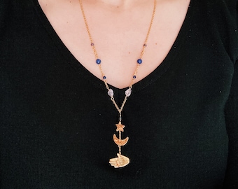 Universe in a hand necklace, gold and blue necklace, hand star moon amulet, lapis lazuli, iolite, herkimer diamonds