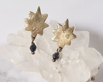Northern Star post earrings, brass and pyrite gemstones, simple minimal traveler earrings