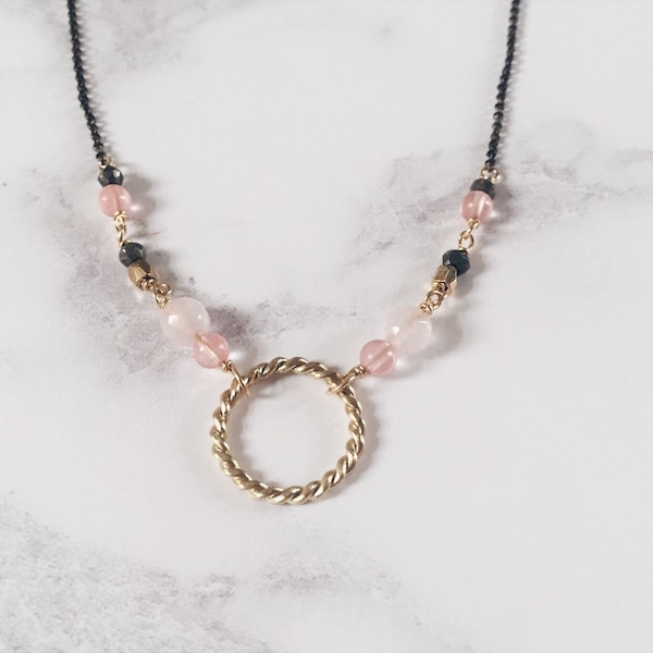 New moon necklace twisted circle necklace brass & pink image 3