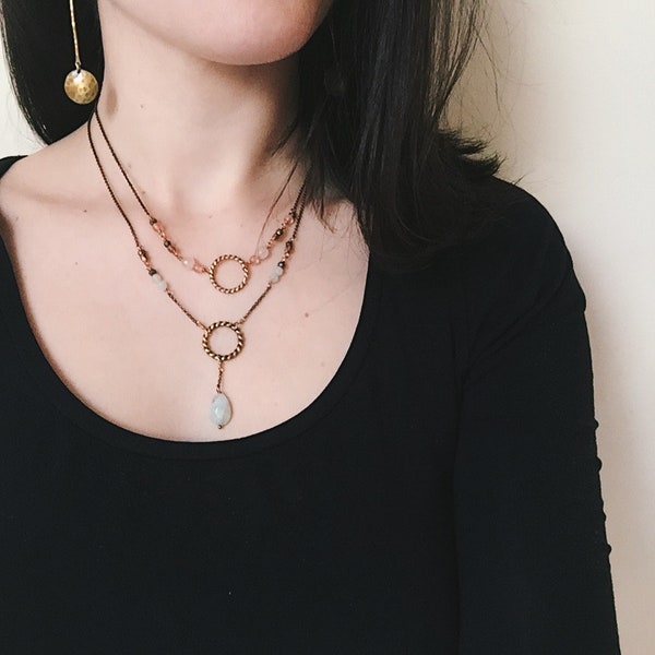 New moon necklace twisted circle necklace brass & pink image 2