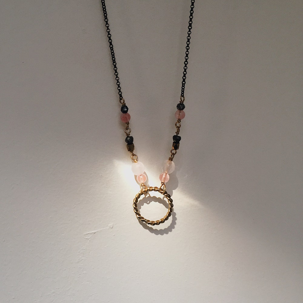 New moon necklace twisted circle necklace brass & pink image 0