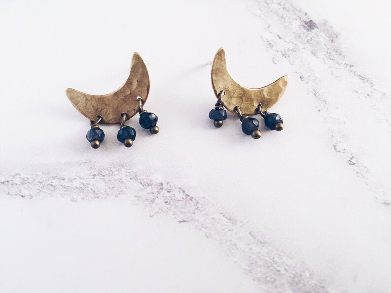 Crescent moon post earrings brass and blue iolite gemstones image 1