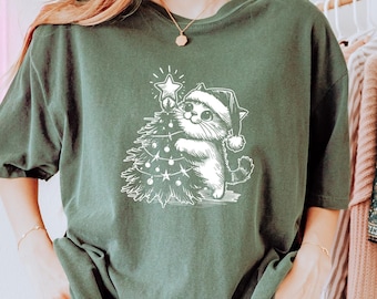 Comfort Colors® Cute Christmas Cat Shirt, Christmas Cat Mom Shirt, Cat Lover Shirt, Christmas Tree Shirt, Cat Lover Christmas Gift