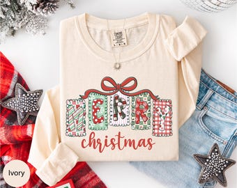 Comfort Colors® Merry Christmas Long Sleeve, Christmas Long Sleeve Shirt, Holiday Long Sleeve, Retro Christmas Shirt, Girls Christmas Tee