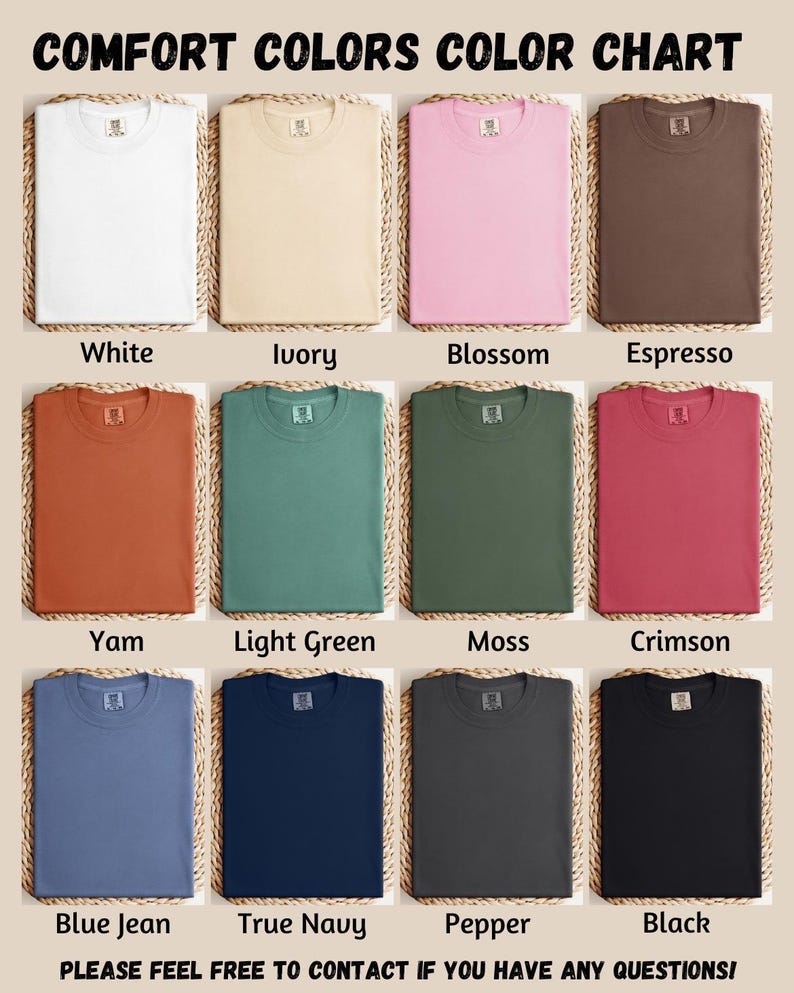 The image is a color chart displaying various comfort colors, including white, ivory, blossom, espresso, yam, light green, moss, Crimson, blue jeans, true navy, pepper, and black.
