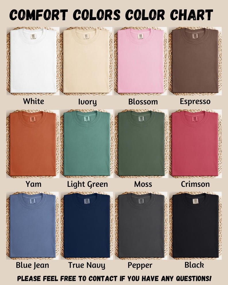 The image is a color chart displaying various comfort colors, including white, ivory, blossom, espresso, yam, light green, moss, Crimson, blue jeans, true navy, pepper, and black.