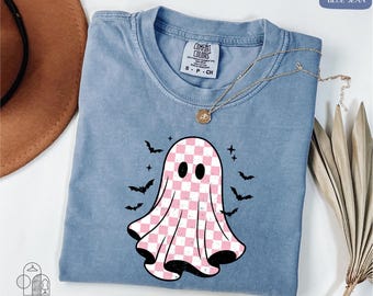Comfort Colors® Checkered Ghost Shirt, Halloween Ghost Tee, Spooky Season Shirt, Cute Ghost Shirt, Checkered Halloween Shirt, Halloween Gift