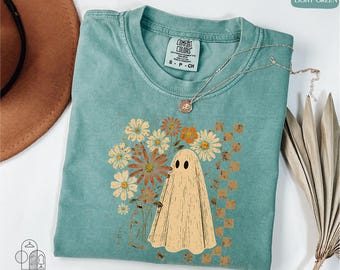 Comfort Colors® Floral Ghost Shirt, Halloween Ghost Shirt, Halloween Gift, Checkered Halloween Tee, Spooky Ghost Shirt, Halloween Shirt