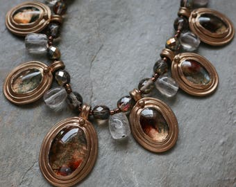 Textured glass cabochon with cloud quartz charm style necklace (N-4288)