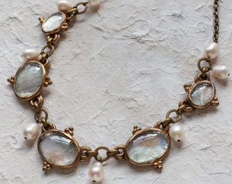 Textured glass cabochon and freshwater pearl charm style necklace (N-4929)