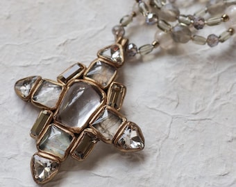 Clear quartz cabochon stone and textured glass cabochon stones, cross pendant necklace (N-5258)
