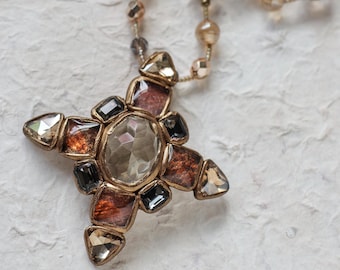 Smoky quartz and textured glass cabochon stones, cross pendant necklace (N-5242)