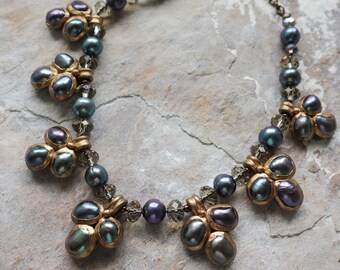 Grey freshwater pearls charm fringe necklace (N-4292)