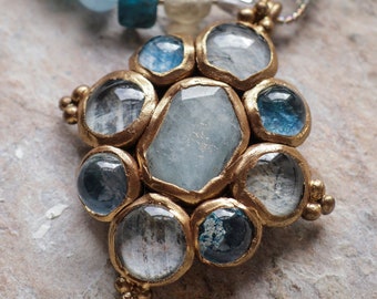 Pale blue aquamarine pendant necklace with textured glass cabochon (N-5197)
