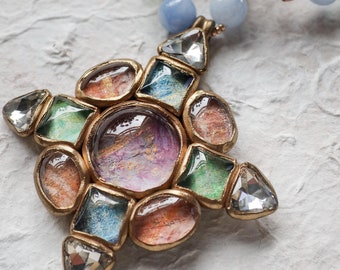 Pale pastel colour textured glass cabochon and crystal rhinestones cross pendant (N-5302)