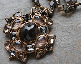 Smoky quartz cluster cross pendant necklace (N-4434)