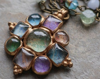 Hand painted multi colour glass cabochon, cross pendant short necklace  (N-5152)