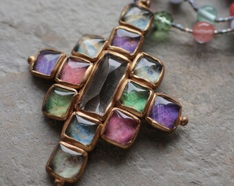 Clear quartz and textured multi-colour glass cabochons, cross-shaped pendant (N-5137)