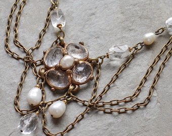 Rutilated quartz (angel hair), pearls and draped chains bib necklace (N-3368)